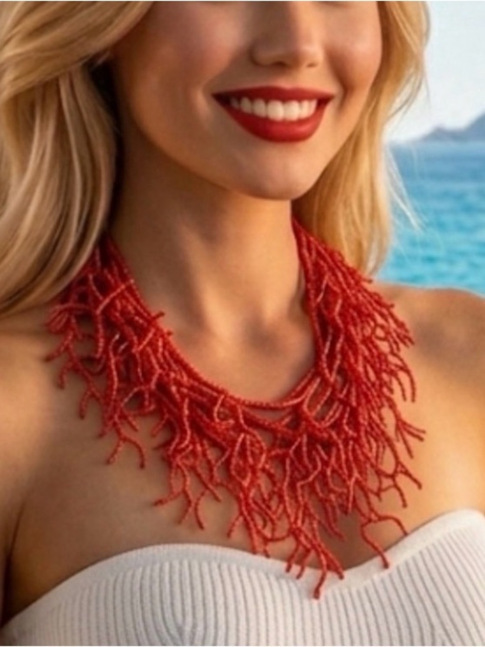 New Piper.k Elegant Red Beaded Fringe Necklace — Handwoven Statement Collar